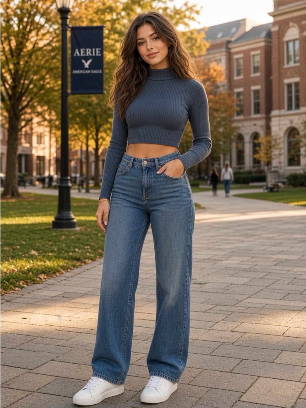 American Eagle Women’s Small Navy Blue Ribbed Long Sleeve Top